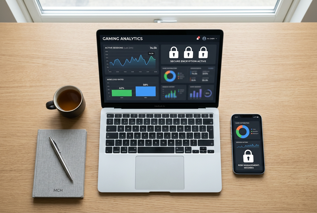 Professional workspace with digital devices showing casino data analytics.